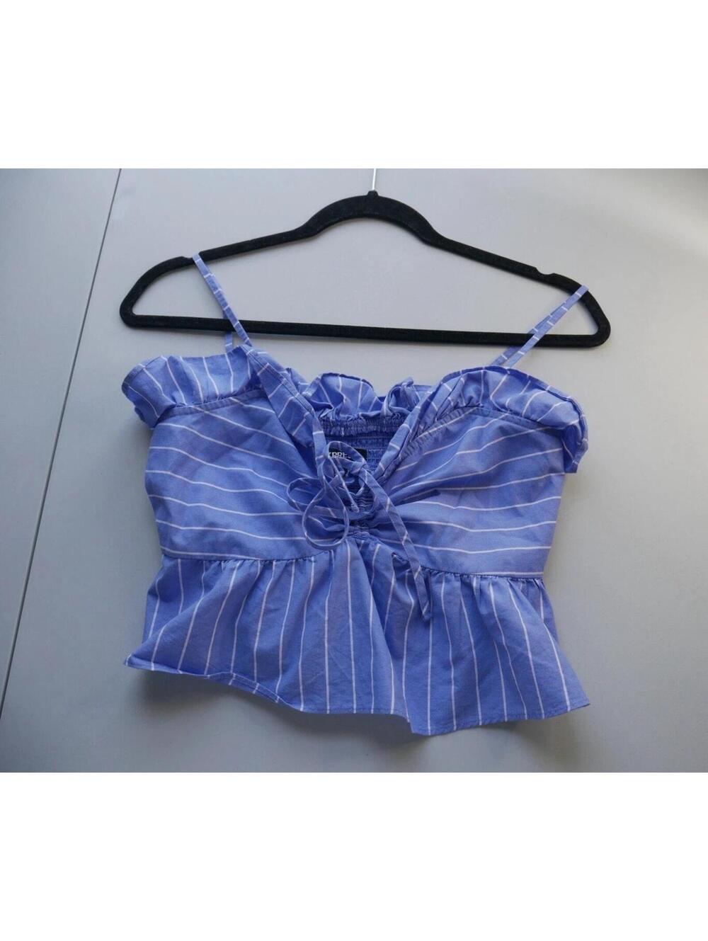Y2K EXPRESS Women XS Blue White Stripe Smocked Ruffle Crop Top Fairy Core Boho